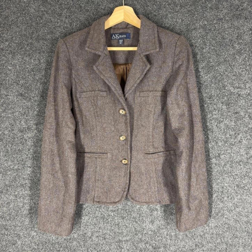 Anne Klein Jacket Women M Medium Brown Wool Lined Button Collared Long Sleeve